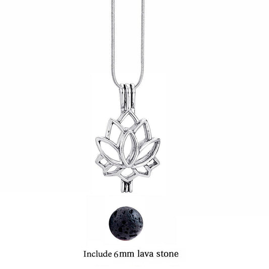 Lotus - Lava Stone Diffuser Necklace Silver / Essential Oil Diffuser - Jewelry