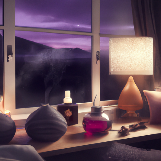 Cozy nighttime bedroom scene in New Zealand, featuring a variety of stylish oil diffusers emitting soothing mist, with calm, ambient lighting and soft decor, including plush pillows and serene wall ar