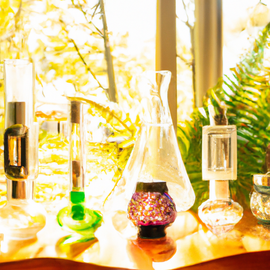 An elegant display of various glass oil diffusers, each uniquely designed with intricate patterns, placed on a wooden table surrounded by lush New Zealand ferns and soft morning light filtering throug
