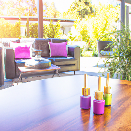 A serene living room in a modern New Zealand home featuring a variety of stylish essential oil diffusers placed strategically near plants and seating areas to alleviate allergy symptoms, illuminated b