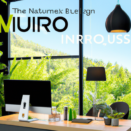 A serene and stylish office space in New Zealand, filled with a gentle mist from an elegant, modern oil diffuser, surrounded by lush green plants and with a backdrop of large windows showcasing a brea