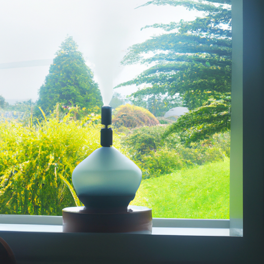 A serene New Zealand home interior featuring a stylish oil diffuser releasing a gentle mist, surrounded by native plants and calming decor, with a backdrop of a lush green landscape visible through a 