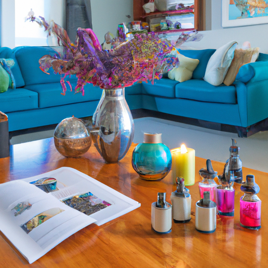 An elegantly decorated living room in a New Zealand home, filled with a variety of essential oil diffusers releasing gentle plumes of aromatic vapor. The scene includes a detailed guidebook open on a 