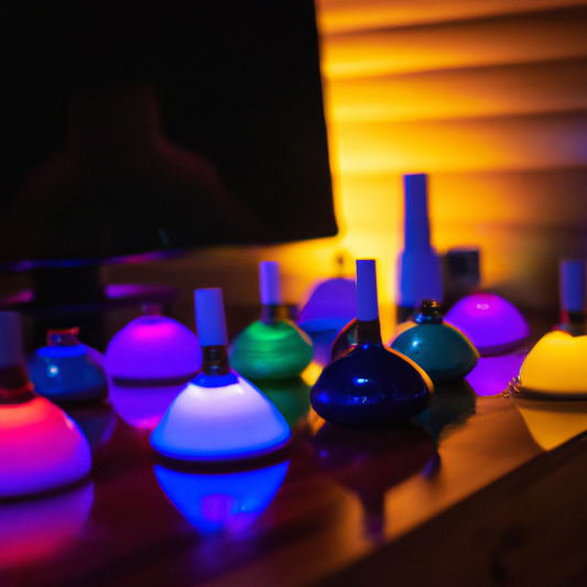 An artistic display of various modern oil diffusers with glowing LED lights in a cozy New Zealand home setting.