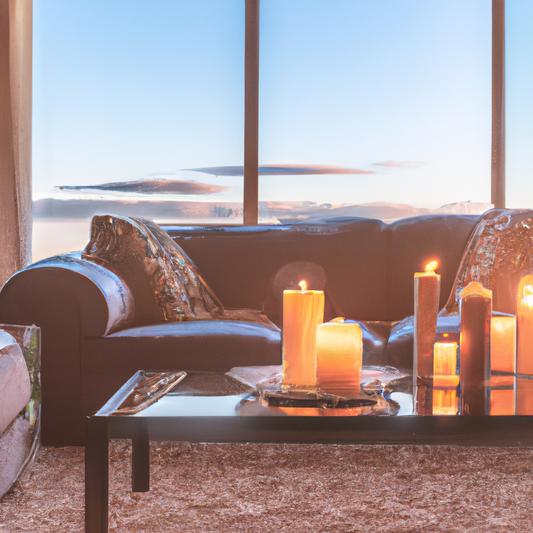 Cozy living room in a New Zealand home with a fireplace, plush sofas, and a scenic view through the window, featuring various WoodWick candles arranged elegantly on a coffee table, their flames gently