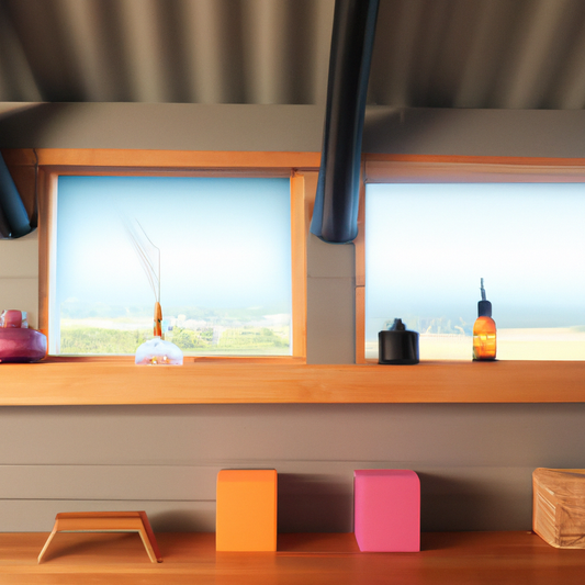 A serene yoga studio with large windows overlooking the New Zealand countryside, featuring a variety of elegantly designed oil diffusers emitting gentle streams of steam, surrounded by yoga mats and c