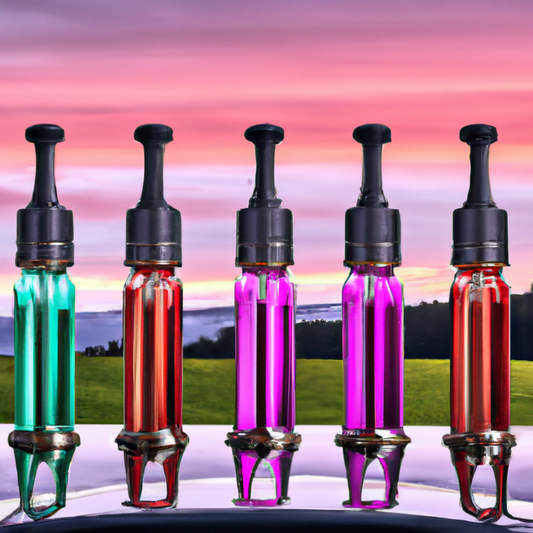 An array of the top car oil diffusers showcased on a sleek dashboard, with each diffuser releasing a distinct, colorful mist, set against the scenic backdrop of New Zealand’s landscapes during a vibra