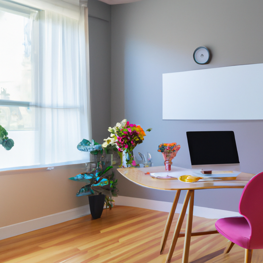 An inviting home office in New Zealand adorned with stylish, modern furniture and large windows overlooking lush greenery, with a serene atmosphere enhanced by a gently misting essential oil diffuser 