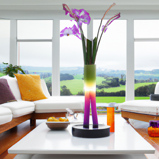 An elegant living room in a modern New Zealand home, featuring a selection of the top remote-controlled oil diffusers, each emitting a gentle vapor infused with different scents, with a serene backdro