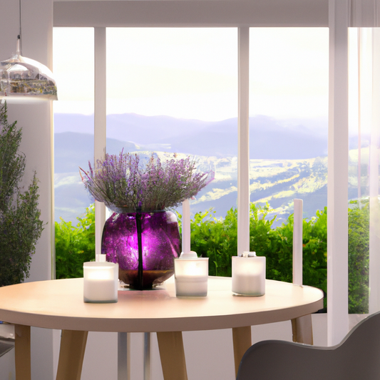 A cozy living room with large windows showcasing a beautiful view of New Zealand's rolling hills, featuring a wooden table with a stylish lavender oil diffuser emitting a gentle mist, surrounded by va