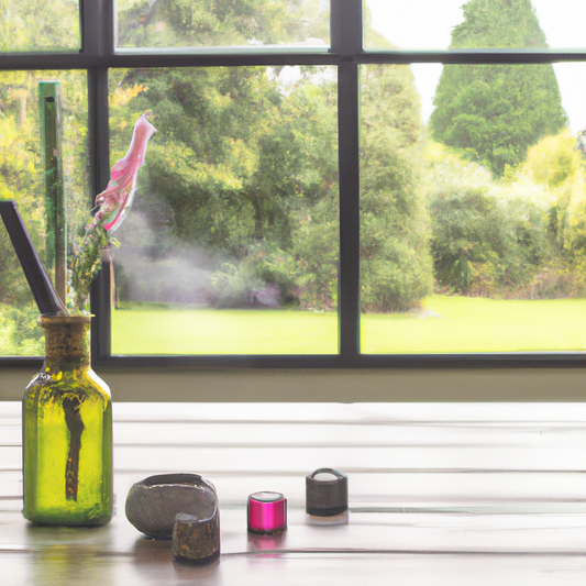 An atmospheric scene inside a cozy New Zealand home with large windows showcasing a lush green landscape, featuring a wooden table adorned with handcrafted ceramic oil diffuser sticks, emitting a gent