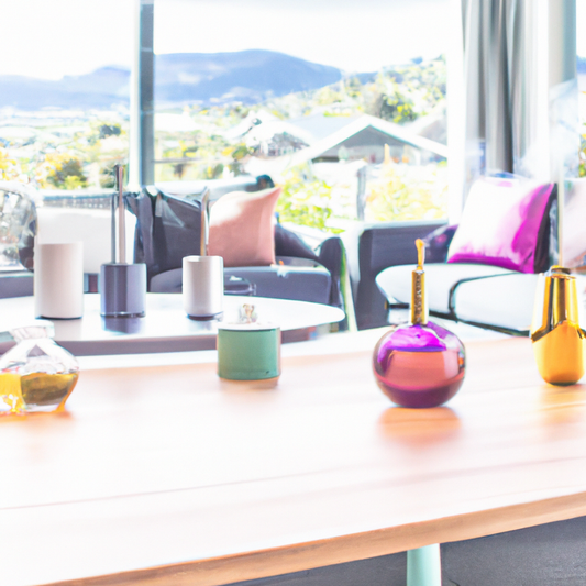 An elegantly designed living room featuring a variety of sleek, modern Bluetooth oil diffusers on a wooden coffee table, with soft natural light streaming through large windows overlooking New Zealand