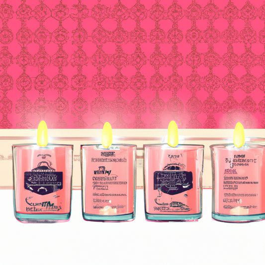 Create an image of a cozy room with a variety of beautifully designed candles on display. Each candle should have a distinct label representing different luxurious and popular fragrances found in New 