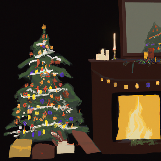 Create an image of a beautifully decorated Christmas tree adorned with vintage candle lights, casting a warm and nostalgic glow. The setting is a cozy living room with a fireplace, garland, and holida