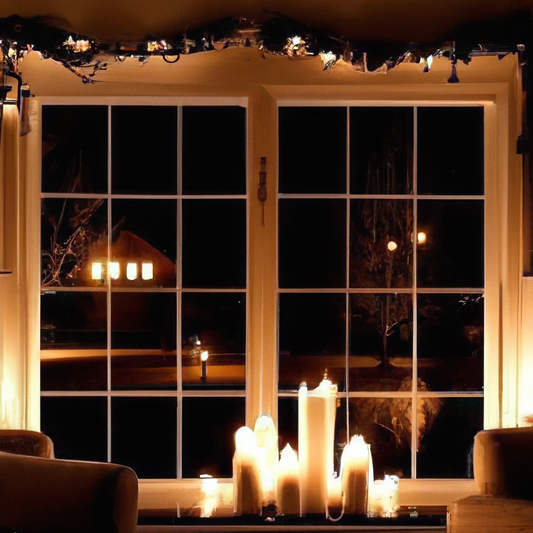 Create a cozy, inviting living room scene with battery powered window candles glowing softly on a window sill. The image should feature a stylish and modern home interior, with elegant furnishings tha