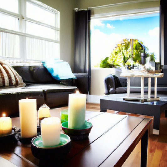 An artistic photograph of a cozy living room in New Zealand, featuring an arrangement of softly glowing scented tealight candles on a stylish coffee table. The room is adorned with warm, inviting deco