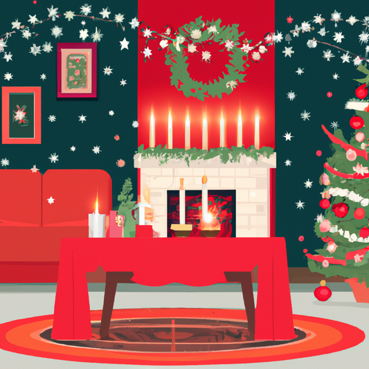 A cozy, elegantly decorated living room during a Christmas celebration, featuring a dining table set with beautiful red and white taper candles in ornate candle holders, surrounded by evergreen garlan