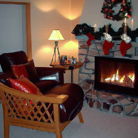 An inviting, cozy living room decorated for the winter holidays. The focal point is a large window adorned with sleek, modern electric window candles emitting a warm, steady glow. Outside the window, 