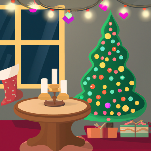 Create a cozy and festive scene featuring a beautifully decorated living room with a Christmas tree in the background and a stylish Christmas tree-shaped wax warmer on a side table, emitting soft, war