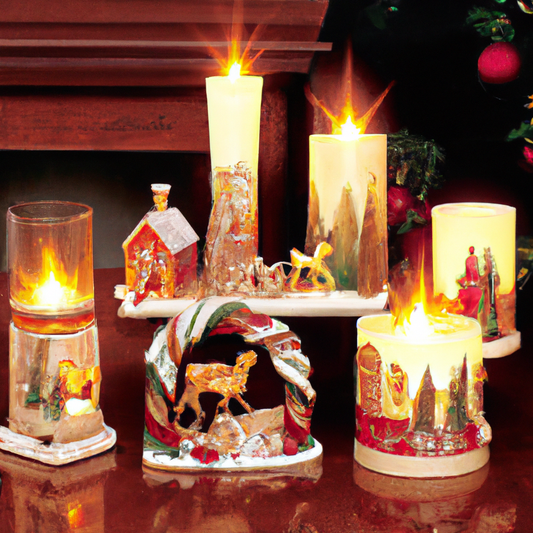Design an enchanting Christmas scene featuring a collection of festive votive candle holders. Each holder is adorned with intricate holiday-themed patterns such as snowflakes, reindeer, and holly leav