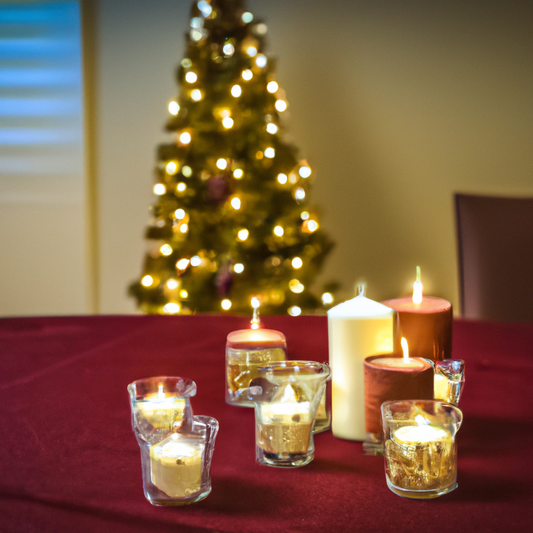 Create an image of a warm, cozy living room during the holiday season, softly lit by beautifully designed soy Christmas candles. The scene should include a decorated Christmas tree, a fuzzy rug, and b