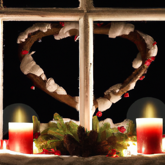 Create a cozy, festive scene showcasing a warmly lit window adorned with elegant holiday window candles. The glow from the candles gently illuminates the window frame, casting a welcoming light into t