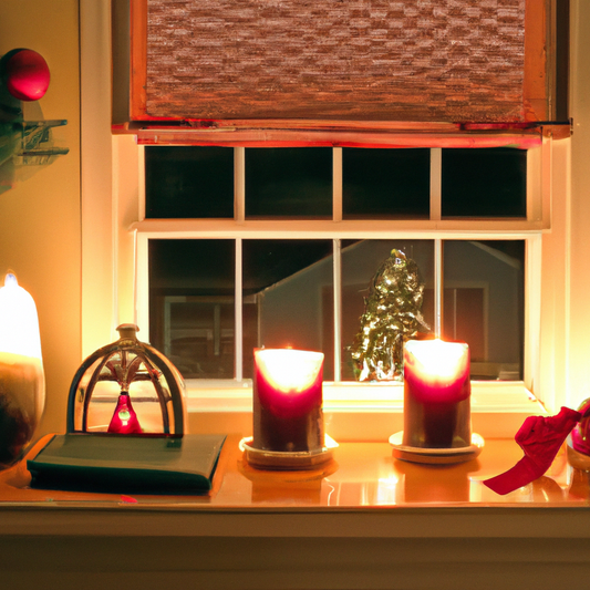 A cozy, modern living room during the holiday season, featuring battery-operated window candles on each window sill, casting a warm, inviting glow. The room is decorated with festive elements like a C
