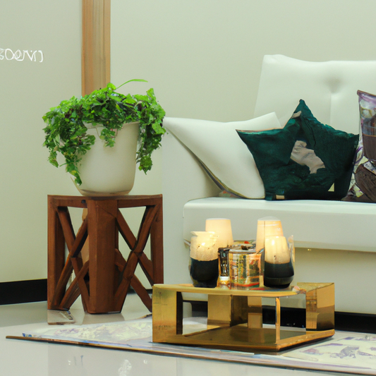 A sophisticated, modern living room bathed in natural light, with high-end furniture, lush green plants, and elegant decorative accents. A luxurious scented candle sits prominently on a stylish coffee