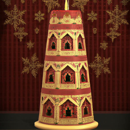Create an image of a beautifully crafted Christmas pyramid candle, intricately designed with traditional holiday motifs. The wooden structure should feature multiple tiers with spinning elements, soft