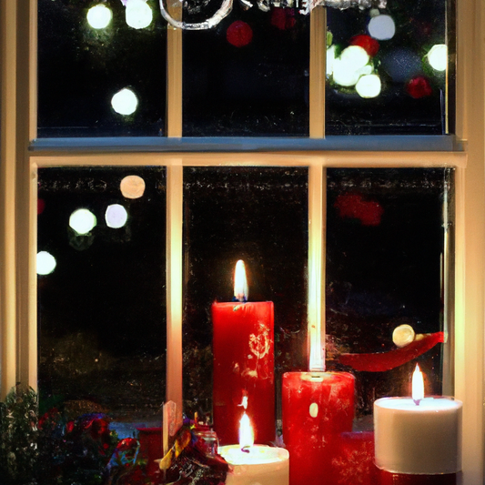 Prompt: Create an enchanting holiday scene featuring a warmly lit window sill adorned with Christmas window candles with timers. The candles, in elegant holders, cast a soft glow, perfectly coordinati