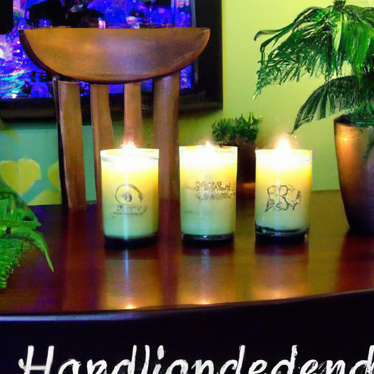 Prompt for DALL-E: A cozy New Zealand living room with a stylish, rustic wooden table adorned with beautifully designed, scented tealight candles. Each candle emits a soft glow and a hint of aromatic 