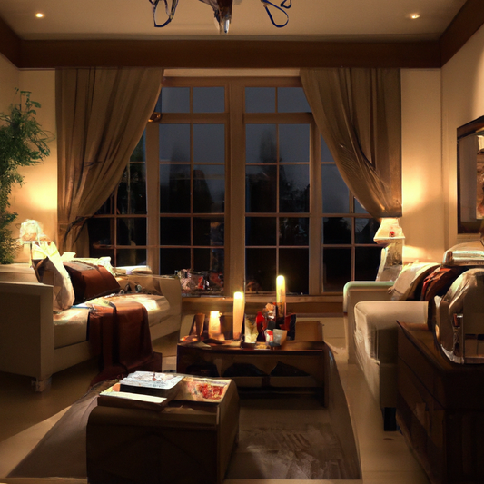 Create an inviting nighttime interior view of a cozy living room. A large window is adorned with elegant candle lights placed on the windowsill, casting a warm and welcoming glow. The room features co