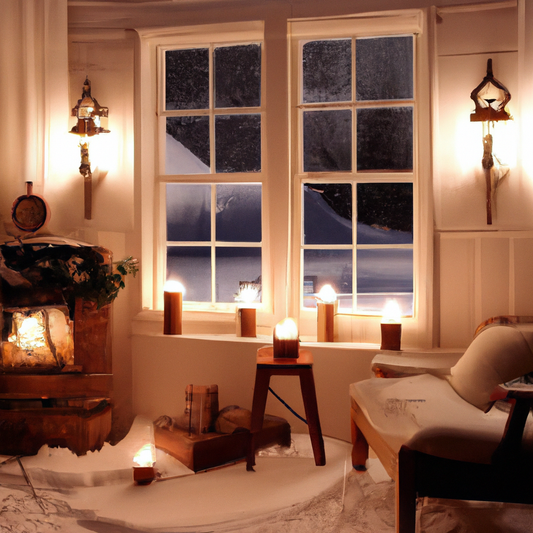 Create a warm and inviting image of a cozy home interior during the evening, with flickering window candles placed on several window sills. The room should feature a blend of rustic and modern decor, 