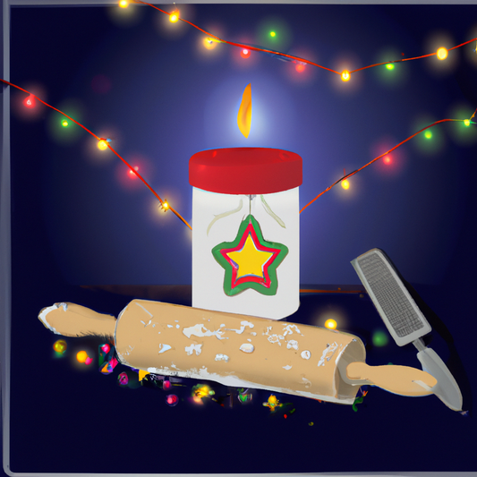 Create an image of a festive kitchen scene with a beautifully decorated Christmas cookie candle on a countertop. The candle should resemble a intricately designed holiday cookie, complete with icing a