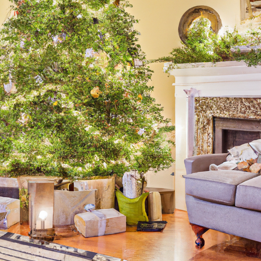 A cozy, festive living room adorned with Christmas decorations. A beautifully decorated fireplace mantel features elegant Christmas pillar candles of various sizes, their warm glow casting a magical l