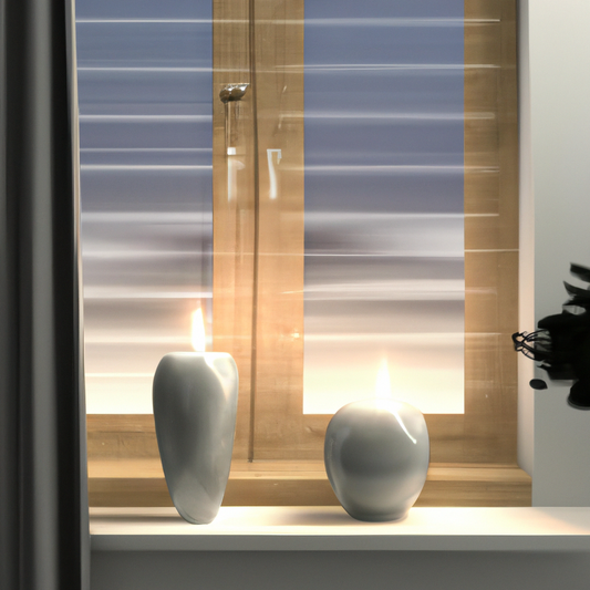 Create an image of a cozy, modern living room adorned with cordless window candles. The scene should capture a warm, inviting ambiance as soft light from the candles illuminates the contemporary decor