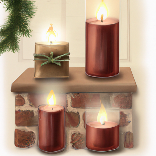 Create a warm and inviting living room scene featuring an array of Christmas-scented candles. The room should be decorated with festive holiday touches, such as a decorated Christmas tree, stockings h