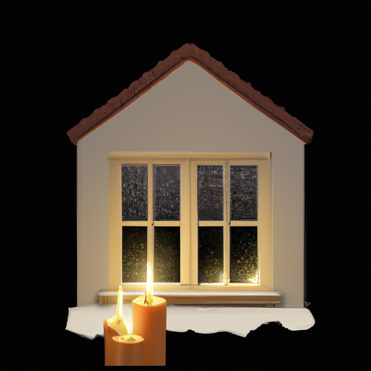 Create a cozy nighttime scene of a charming house with traditional window candles equipped with timers. The house is warmly lit, with soft, glowing candlelight in each window, evoking a sense of nosta