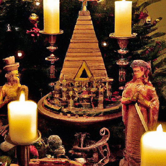 Create an image of a cozy, warmly lit room showcasing an ornate German pyramid candle centerpiece. The pyramid is intricately designed with traditional wood carvings and laden with small, flickering c