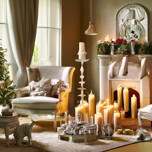 Create an enchanting scene featuring a cozy living room decorated for the holidays, illuminated by a variety of beautifully designed Voluspa Christmas candles placed on a mantelpiece. The room is fill