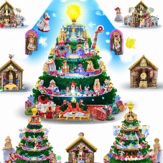 Create a detailed image of a traditional Christmas pyramid, a multi-tiered wooden structure adorned with festive decorations. Show candles illuminating the pyramid, which features nativity scenes, spi