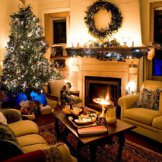 A cozy, warmly lit living room during the holiday season, adorned with a beautifully decorated Christmas tree, a crackling fireplace, and festive decorations. Elegant garlands of pine, cinnamon sticks