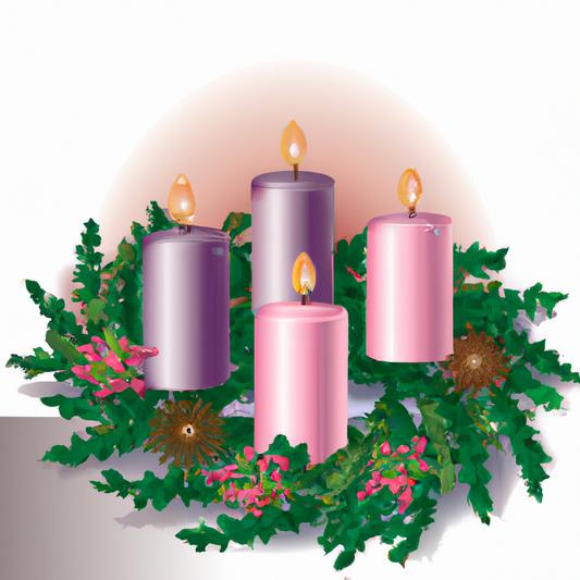Create a serene and warm image depicting a traditional Advent wreath with four candles - three purple and one pink - surrounded by festive greenery and holly. The scene should evoke the quiet anticipa