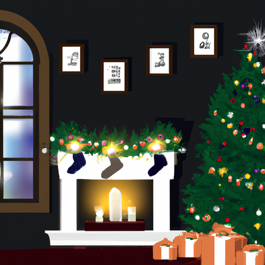 Create an image of a cozy, festive living room decorated for the holiday season. The room is softly lit by elegant electric Christmas candles placed on the windowsills and mantelpiece. These candles h
