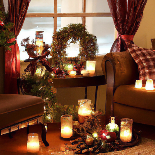 Create an image of a cozy living room during the holiday season, featuring various creative arrangements of Christmas candle jars. Include a fireplace mantel adorned with a mix of candle jars of diffe