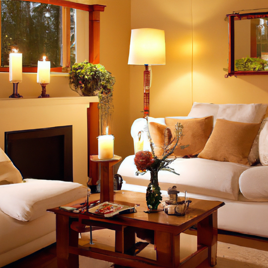 Create an image of a cozy living room during the evening, softly illuminated by elegant Plow and Hearth window candles. The room features a large bay window adorned with these candles, casting a warm 