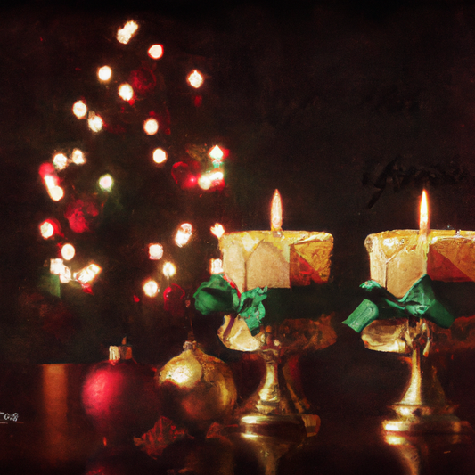 Create an image that beautifully captures the nostalgia and warmth associated with traditional Christmas tree candles. Picture a cozy living room adorned for the holidays with a classic evergreen tree