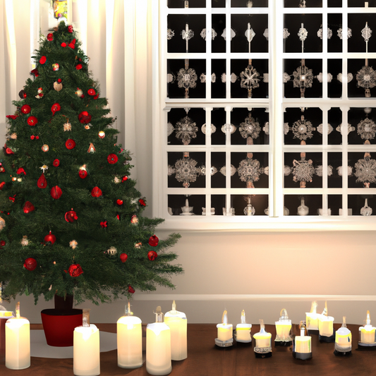 Create an image of a cozy holiday living room scene featuring a beautifully decorated Christmas tree. The room is softly illuminated by an array of flameless candles of different sizes and styles, pla