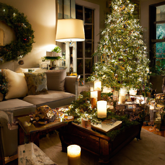 Create a high-resolution image of a cozy, elegantly decorated living room adorned with stylish holiday decorations. In the center, there's a beautifully lit Jo Malone Christmas candle on a chic marble