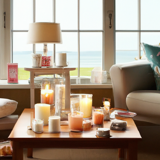 Create an image depicting a cozy New Zealand living room setting with a variety of beautifully designed, luxurious scented candles lit on a stylish coffee table. Ensure the candles have elegant labels